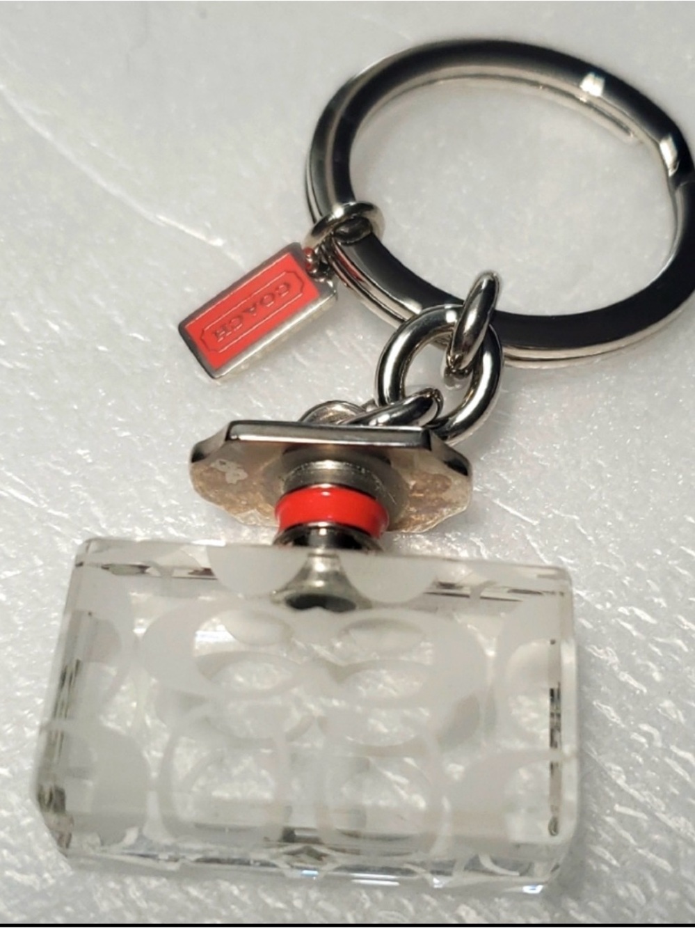 Coach Vintage Clear Acrylic Perfume Bottle Bag Charm Keychain with Coral Accent